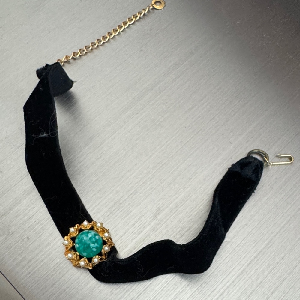 Black Velvet Choker with Green Gem